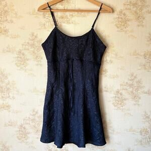 Vintage 90s La Senza Slip Dress Womens M Navy Blue Floral Jacquard Mini Babydoll
